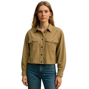 ZARA Cropped Utility Shirt Khaki‎ Button Down Long Sleeve Pockets Women Size M